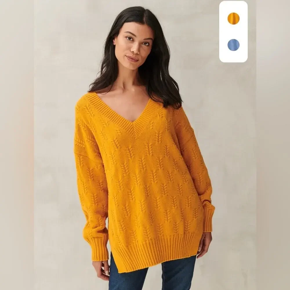 Lucky Brand Drop Shoulder Tunic Sweater V Neck Braided Stitch Size Small Mustard